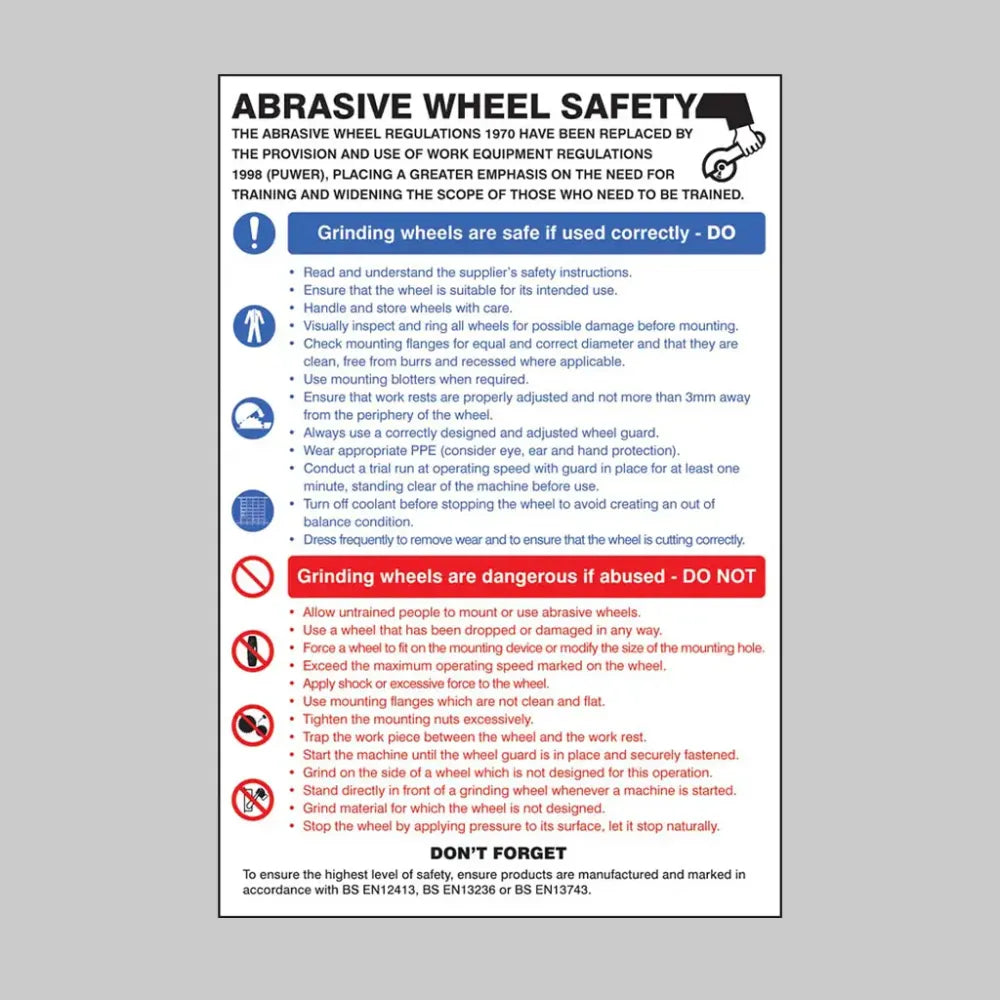 Abrasive wheel dangers & precautions poster 400x600mm rigid plastic