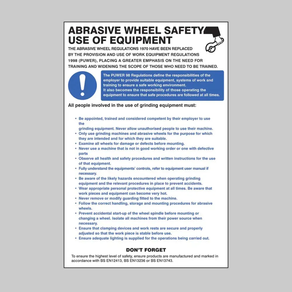 Abrasive wheel regulations poster 400x600mm rigid plastic