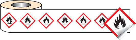 Flammable GHS self adhesive labels 100x100mm - 250 per roll