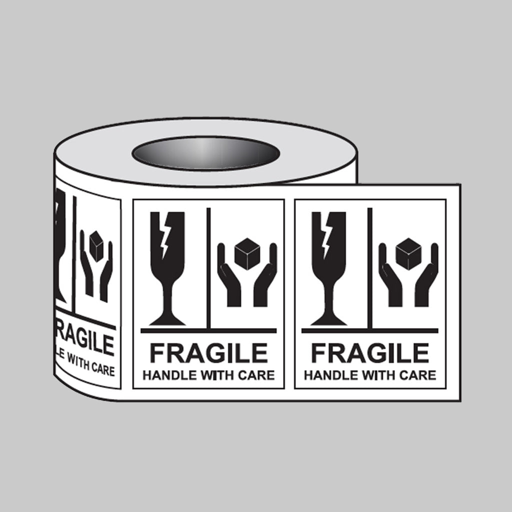 Fragile Handle With Care self adhesive labels 75x100mm - 250 per roll