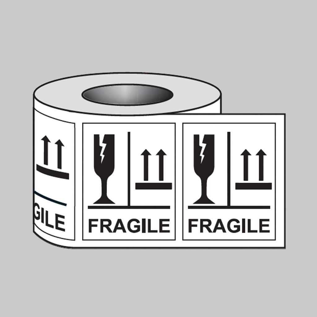 Fragile Glass This way up self adhesive labels 75x100mm - 250 per roll