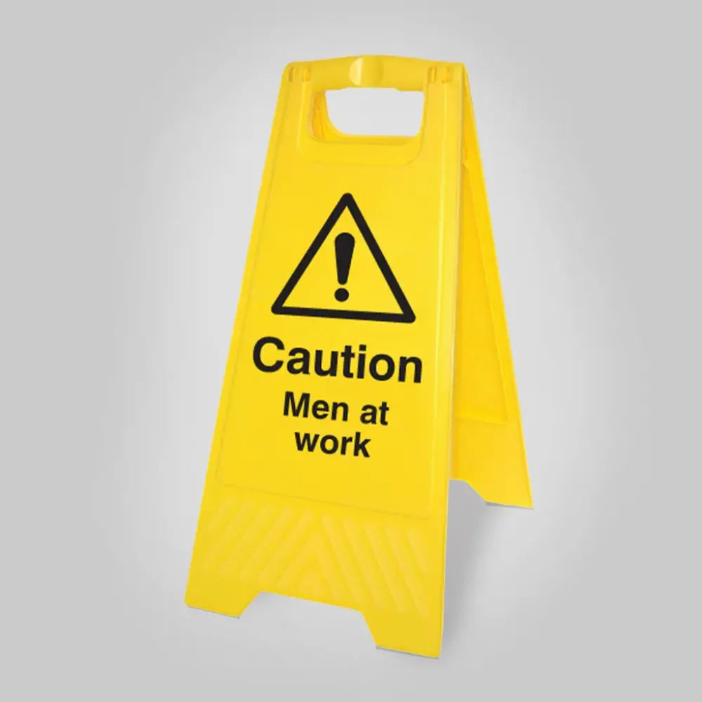 Caution men at work (free-standing yellow floor sign)