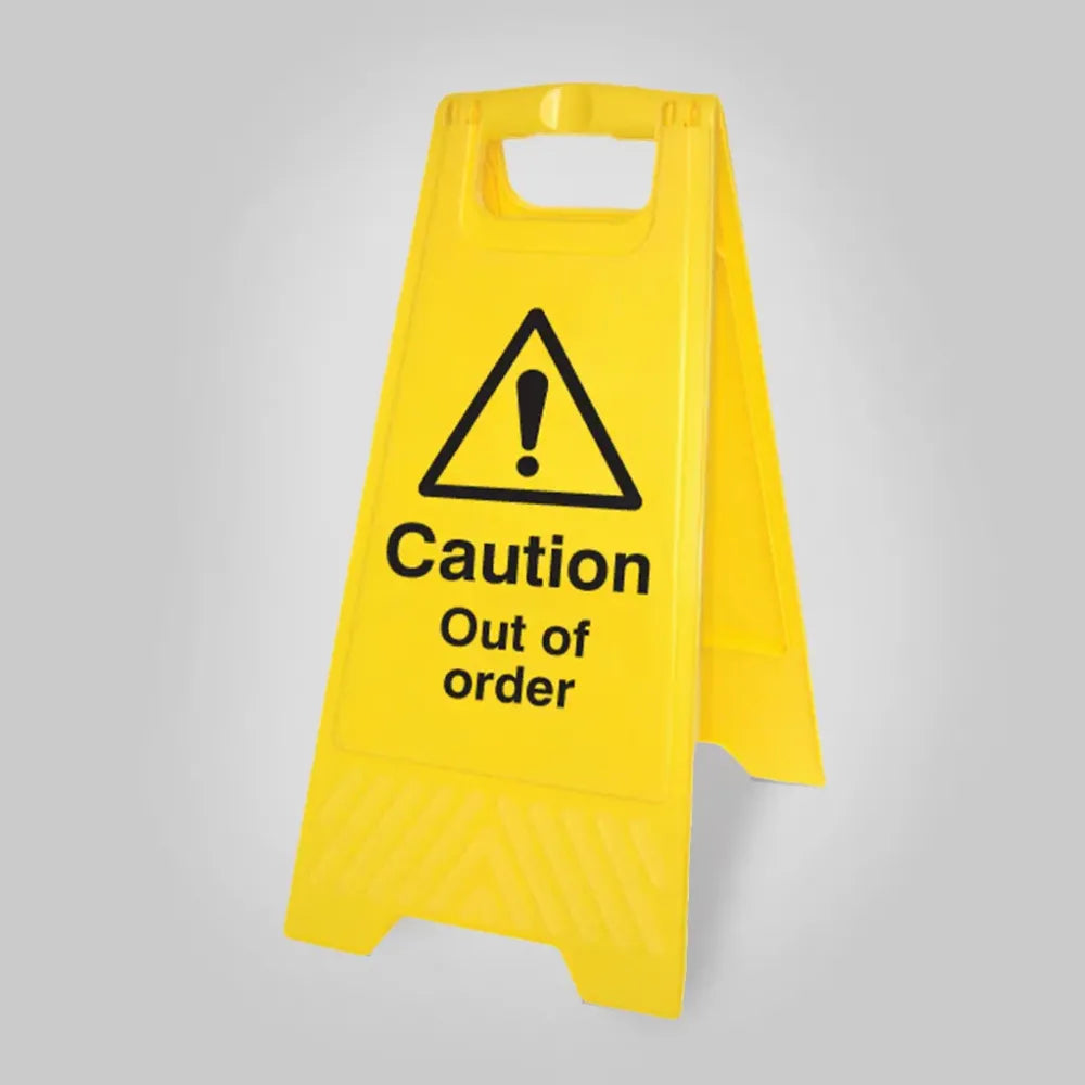 Caution out of order (free-standing yellow floor sign)