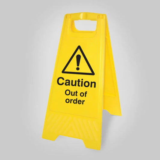 Caution out of order (free-standing yellow floor sign)