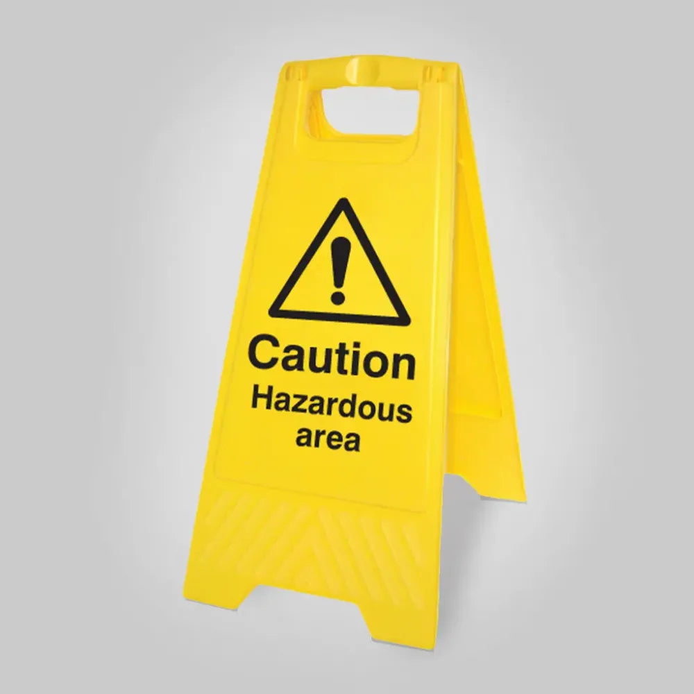 Caution hazardous area (free-standing yellow floor sign)
