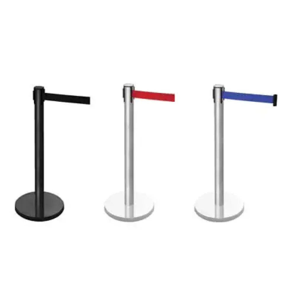Retractable post mounted barrier (red) 1015mm high post 3.4m length webbing