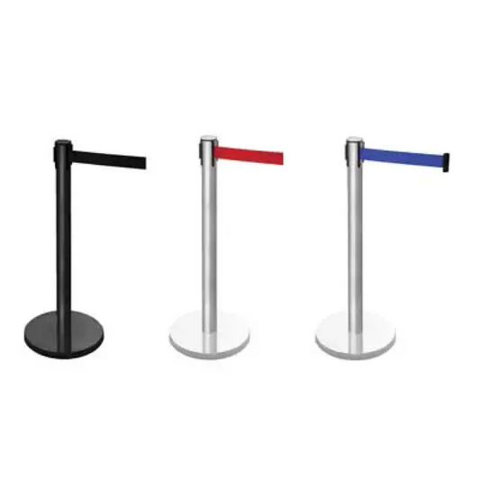 Retractable post mounted barrier (red) 1015mm high post 3.4m length webbing