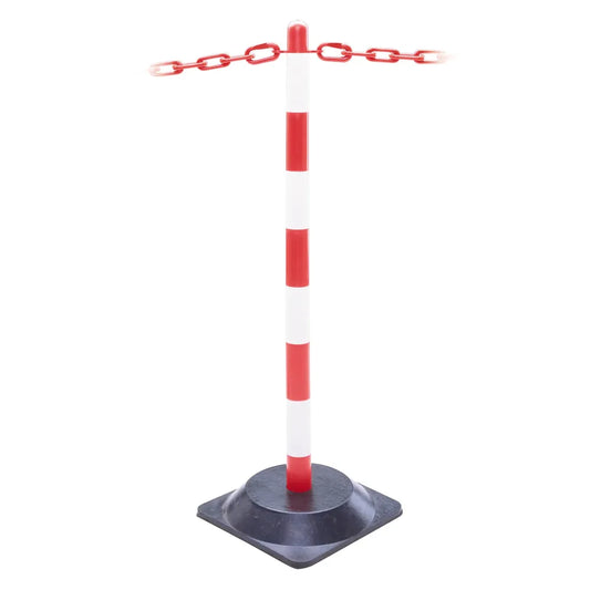 Universal chain post 870mm high red & white c/w 2.3kg square rubber base (265x265mm)