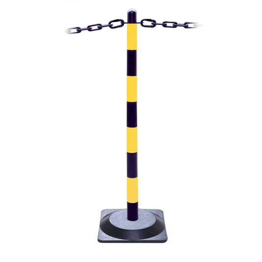 Universal chain post 870mm high black & yellow c/w 2.3kg square rubber base (265x265mm)