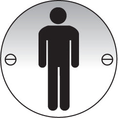 Gents symbol 76mm dia stainless steel  pre-drilled c/w fixings