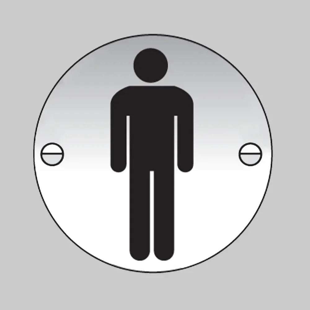 Gents symbol 76mm dia aluminium  pre-drilled c/w fixings
