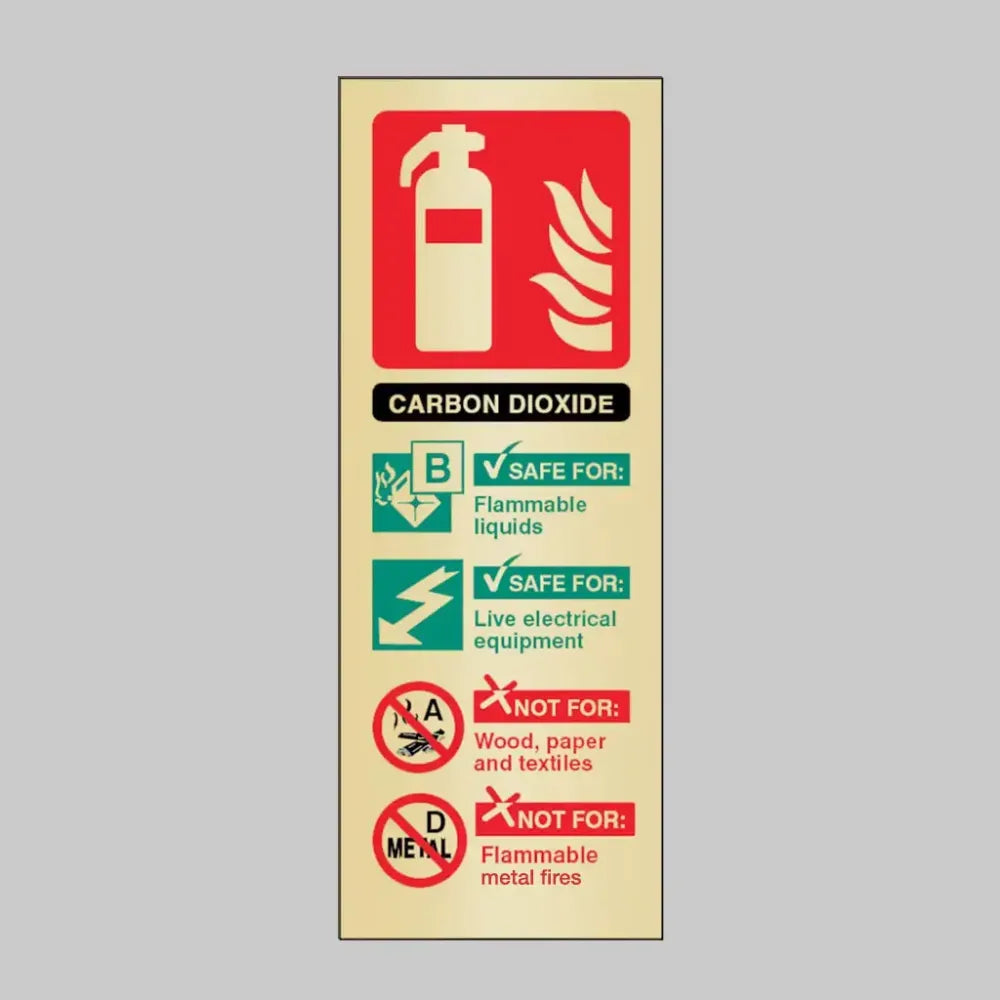 CO2 extinguisher identification brass 75x200mm adhesive backed