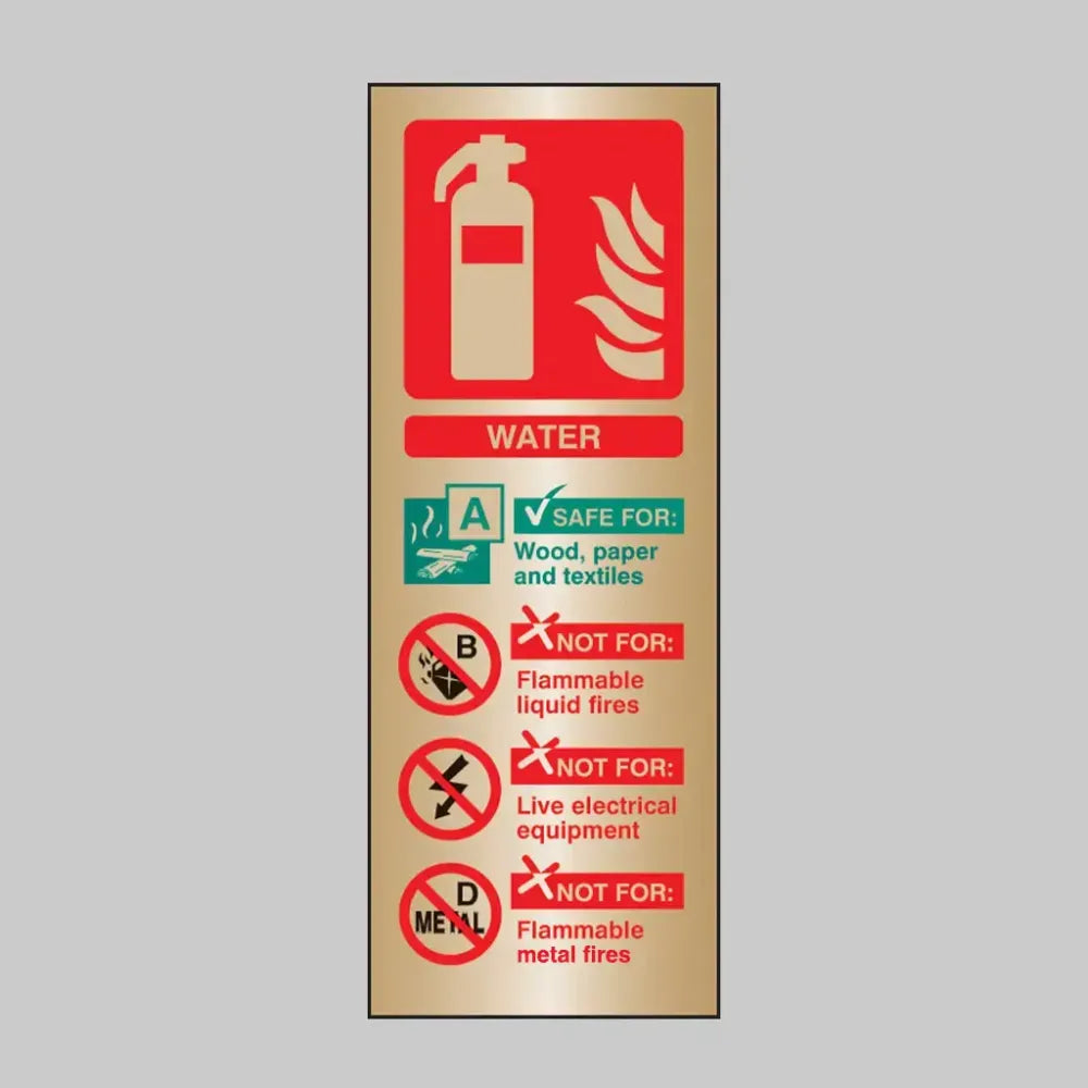 Water extinguisher identification brass 75x200mm adhesive backed