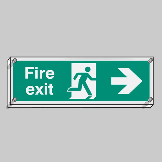 Fire exit right visual impact 5mm acrylic sign 450x150mm c/w stand off locators