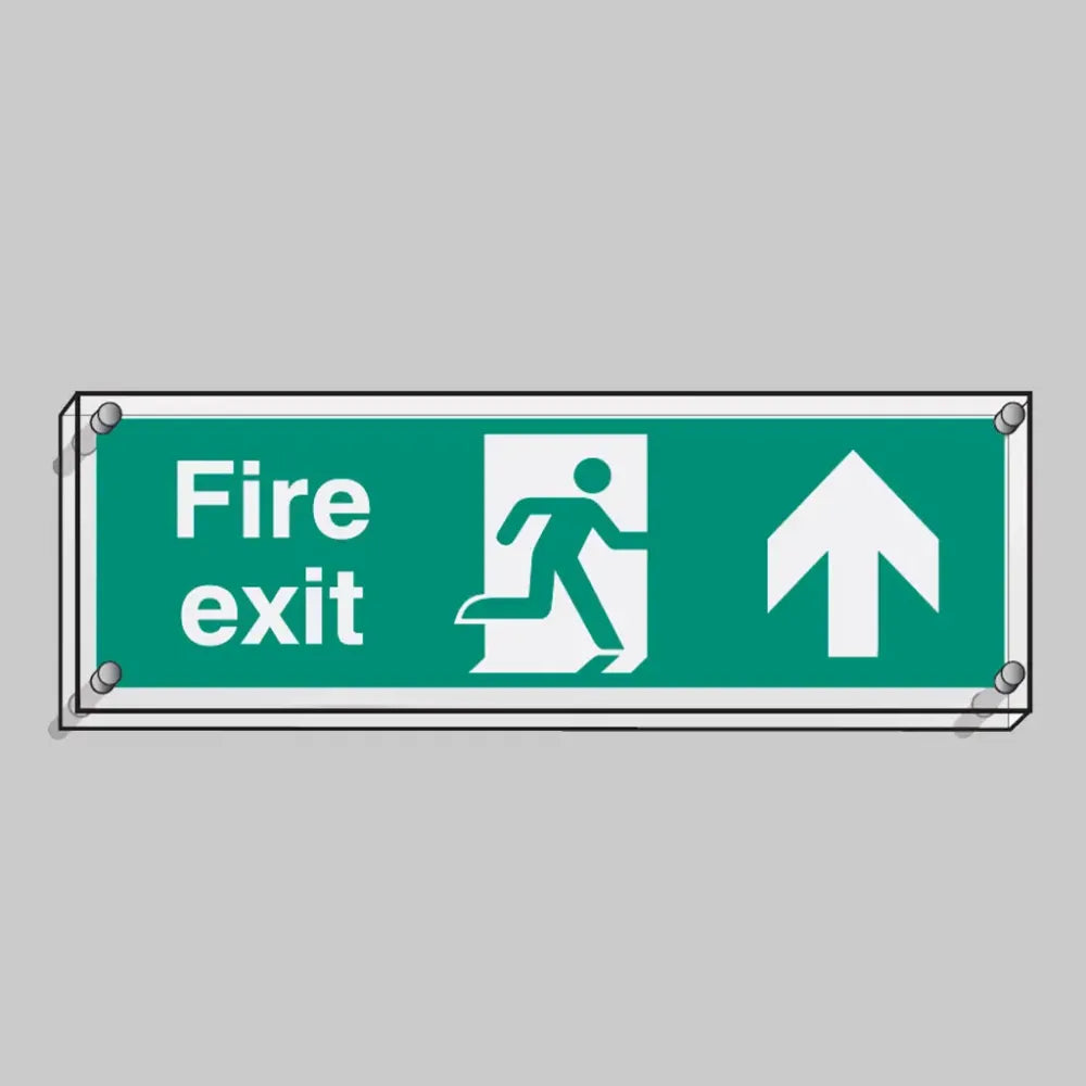 Fire exit straight on visual impact 5mm acrylic sign 450x150mm c/w stand off locators