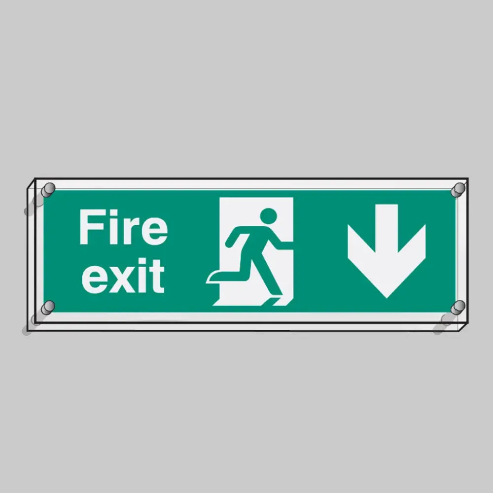 Fire exit down visual impact 5mm acrylic sign 450x150mm c/w stand off locators