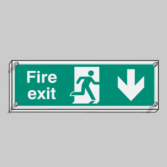 Fire exit down visual impact 5mm acrylic sign 450x150mm c/w stand off locators