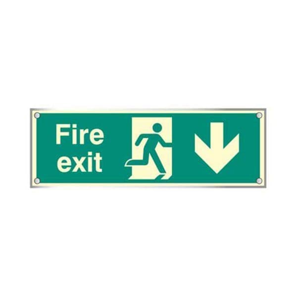 59474 Fire exit down visual impact 5mm  photolum. acrylic sign 450x150mm c/w stand off locators