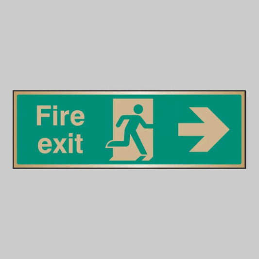 Fire exit arrow right brass 300x100mm adhesive backed