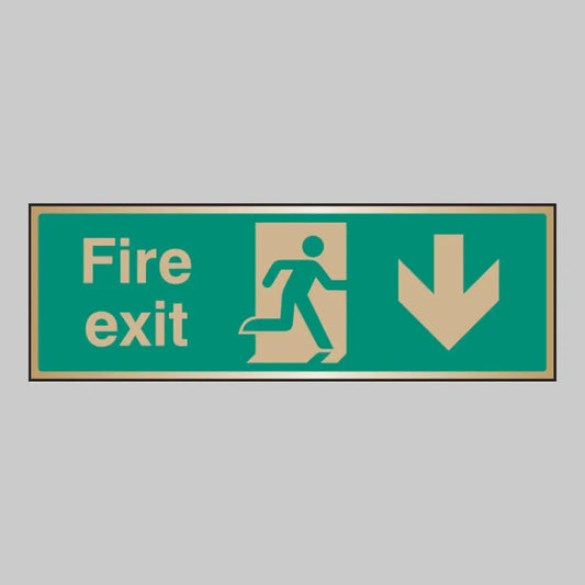 Fire exit arrow down brass 300x100mm adhesive backed