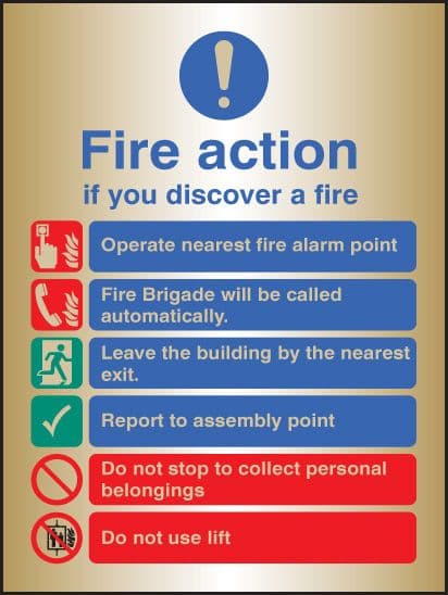 59529 Fire action auto dial with lift - brass  (150x200mm) Safety Sign