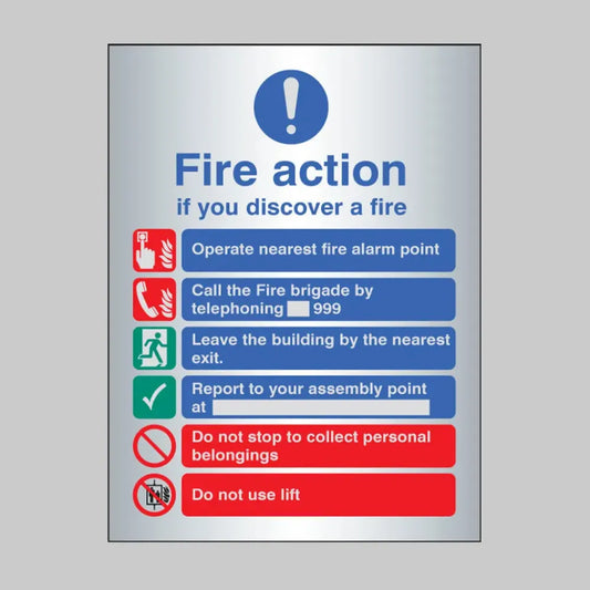 Fire action manual dial with lift deluxe range aluminium adhesive backed 150x200mm