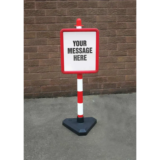 Bespoke sign in 250x300mm red frame on post c/w base