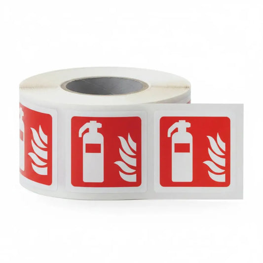 Fire extinguisher roll of 100 self adhesive vinyl labels 100x100mm