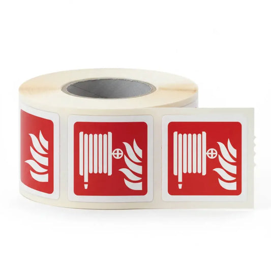 Fire hose reel roll of 100 self adhesive vinyl labels 100x100mm