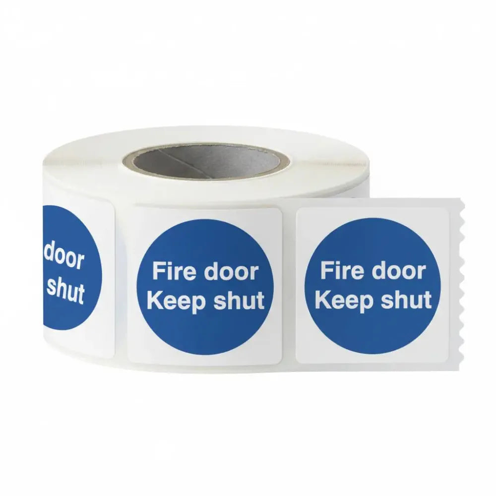 Fire door keep shut roll of 100 self adhesive vinyl labels 100x100mm