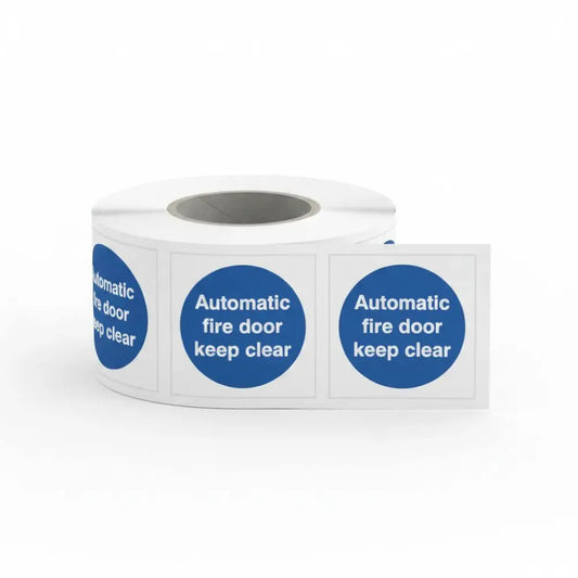 Automatic fire door keep clear roll of 100 self adhesive vinyl labels 100x100mm