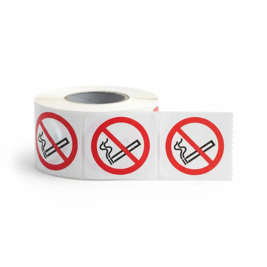 No smoking roll of 100 self adhesive vinyl labels 50x50mm