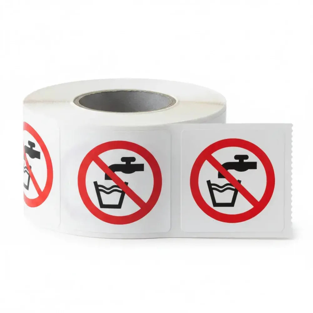 Not drinking water symbol roll of 100 self adhesive vinyl labels 50x50mm