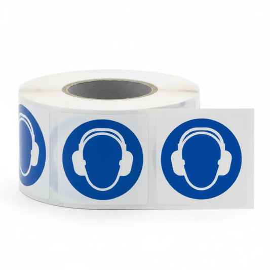 Ear defenders roll of 100 self adhesive vinyl labels 50x50mm