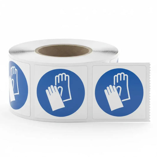 Gloves roll of 100 self adhesive vinyl labels 50x50mm