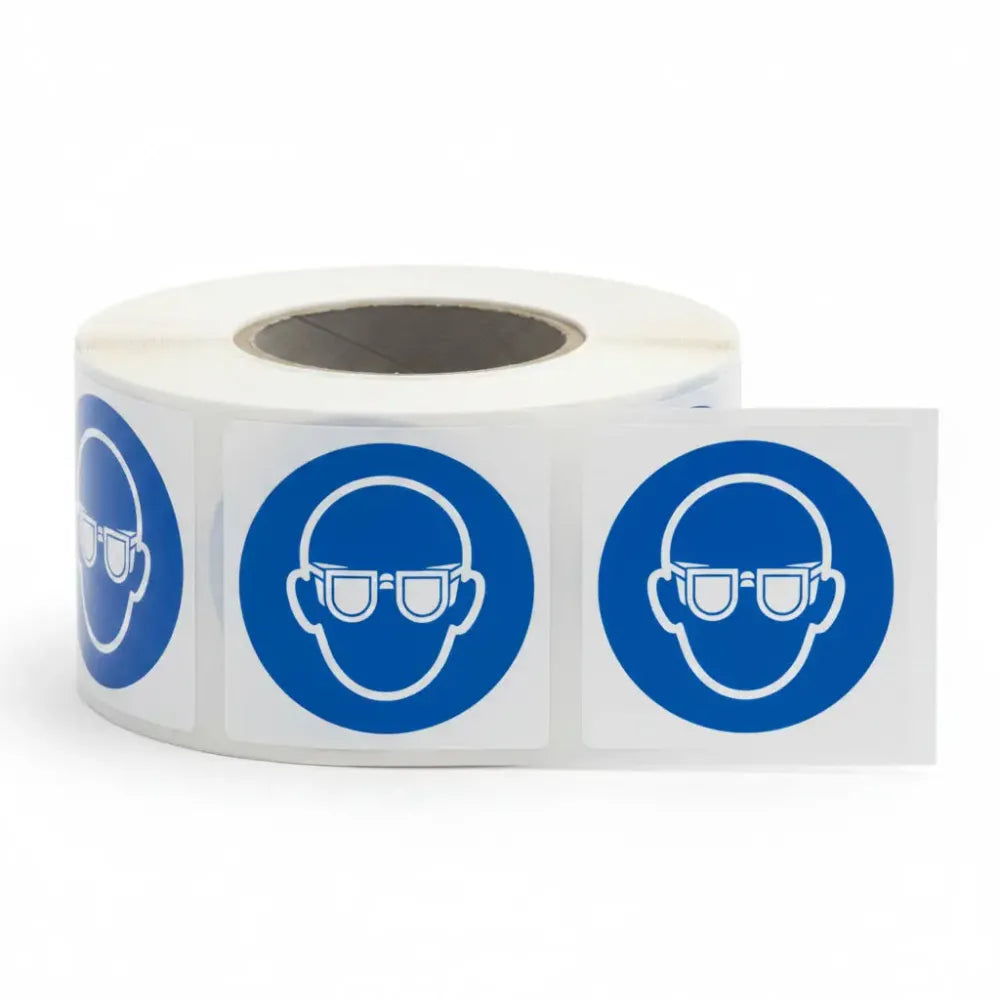 Safety goggles roll of 100 self adhesive vinyl labels 50x50mm