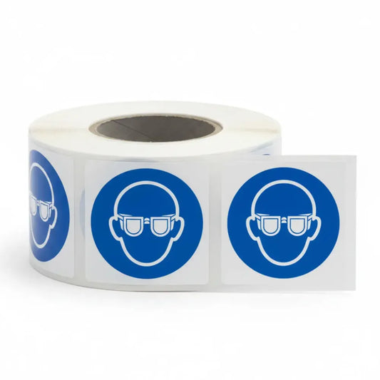 Safety goggles roll of 100 self adhesive vinyl labels 50x50mm