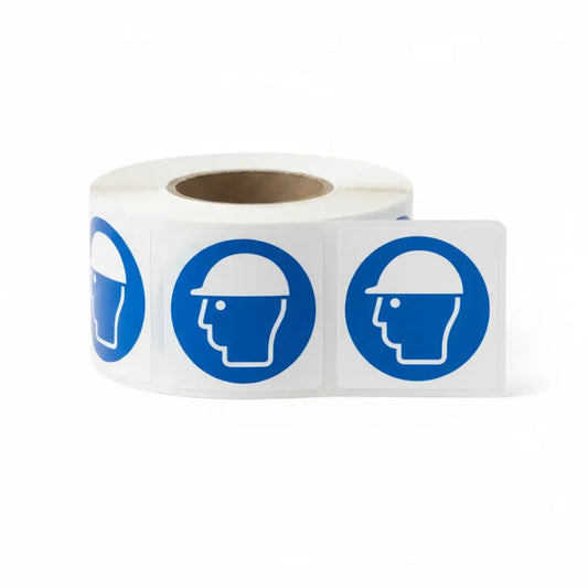 Safety helmet roll of 100 self adhesive vinyl labels 50x50mm