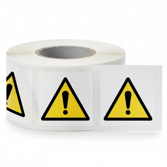 Warning exclamation mark roll of 100 self adhesive vinyl labels 50x50mm
