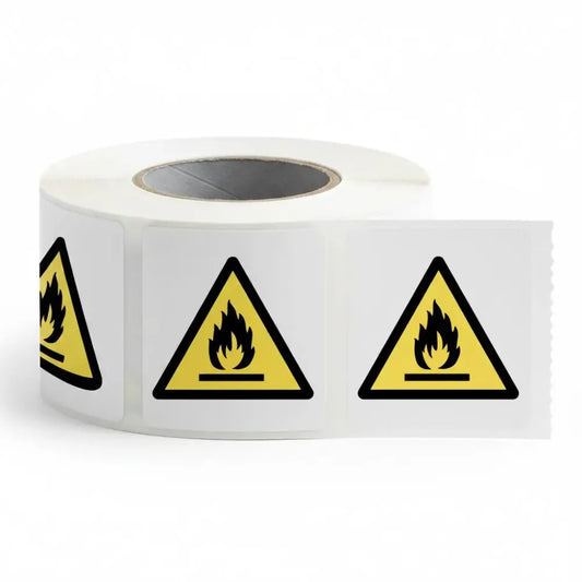 Flammable roll of 100 self adhesive vinyl labels 50x50mm