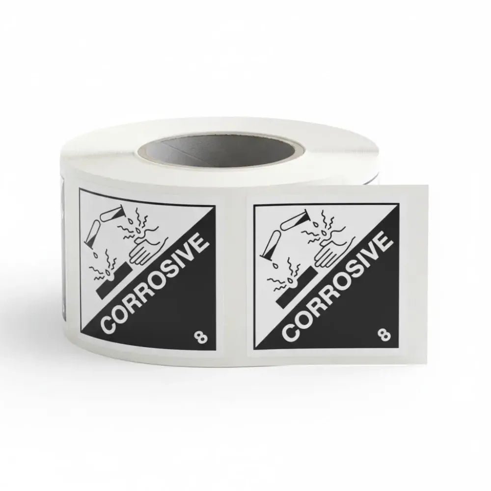 Corrosive 8 roll of 100 self adhesive vinyl labels 100x100mm