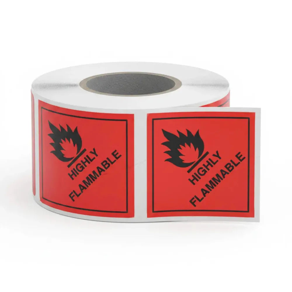 Highly flammable roll of 100 self adhesive vinyl labels 100x100mm