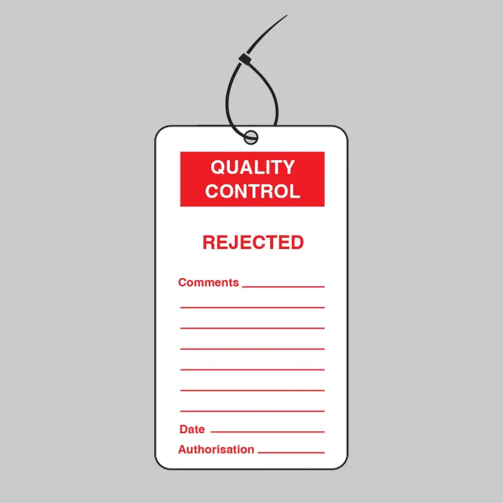 Quality Control Rejected double sided safety tags 80x150mm c/w cable ties (pack of 10)