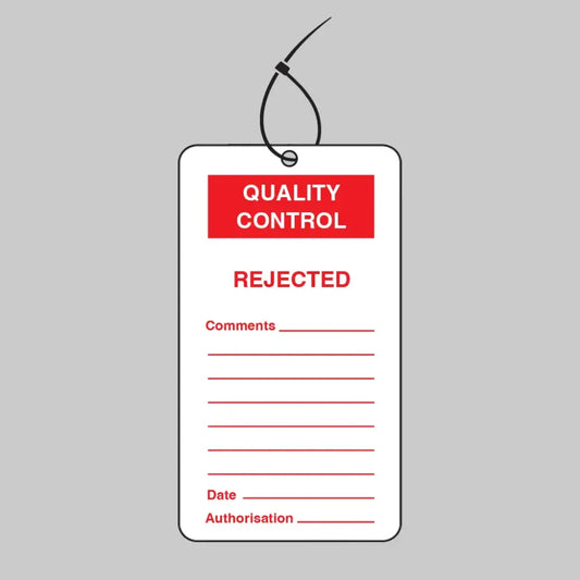 Quality Control Rejected double sided safety tags 80x150mm c/w cable ties (pack of 10)
