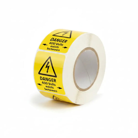 Danger 400 volts <-exists between-> roll of 100 labels 40x50mm