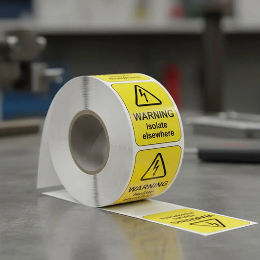 Danger isolate elsewhere roll of 100 labels 40x50mm
