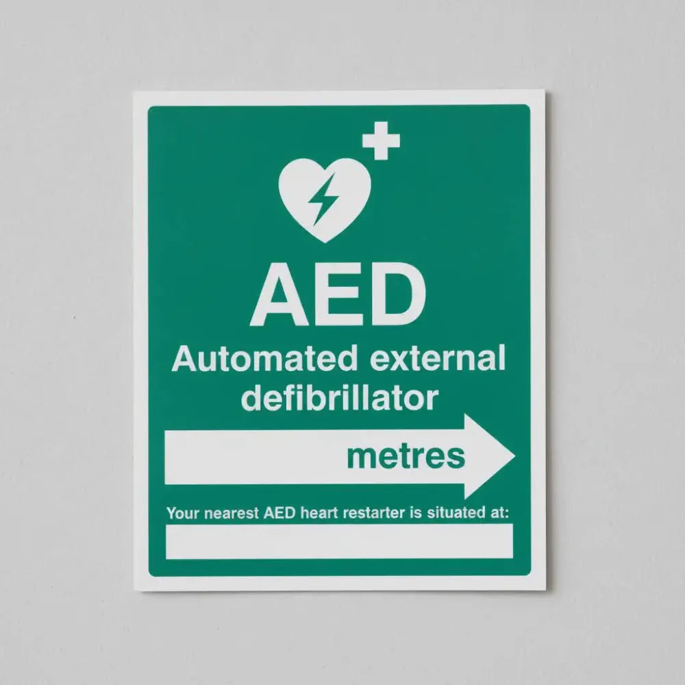 15994H AED located in XXX metres - arrow right Rigid Plastic (300x250mm) Safety Sign