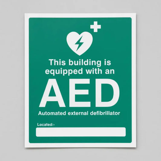 15998H This building is equipped with an AED Located Rigid Plastic (300x250mm) Safety Sign