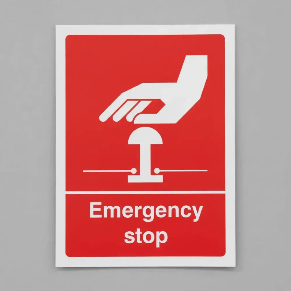 16005Y Emergency stop (white/red) Rigid Plastic (200x300mm) Safety Sign