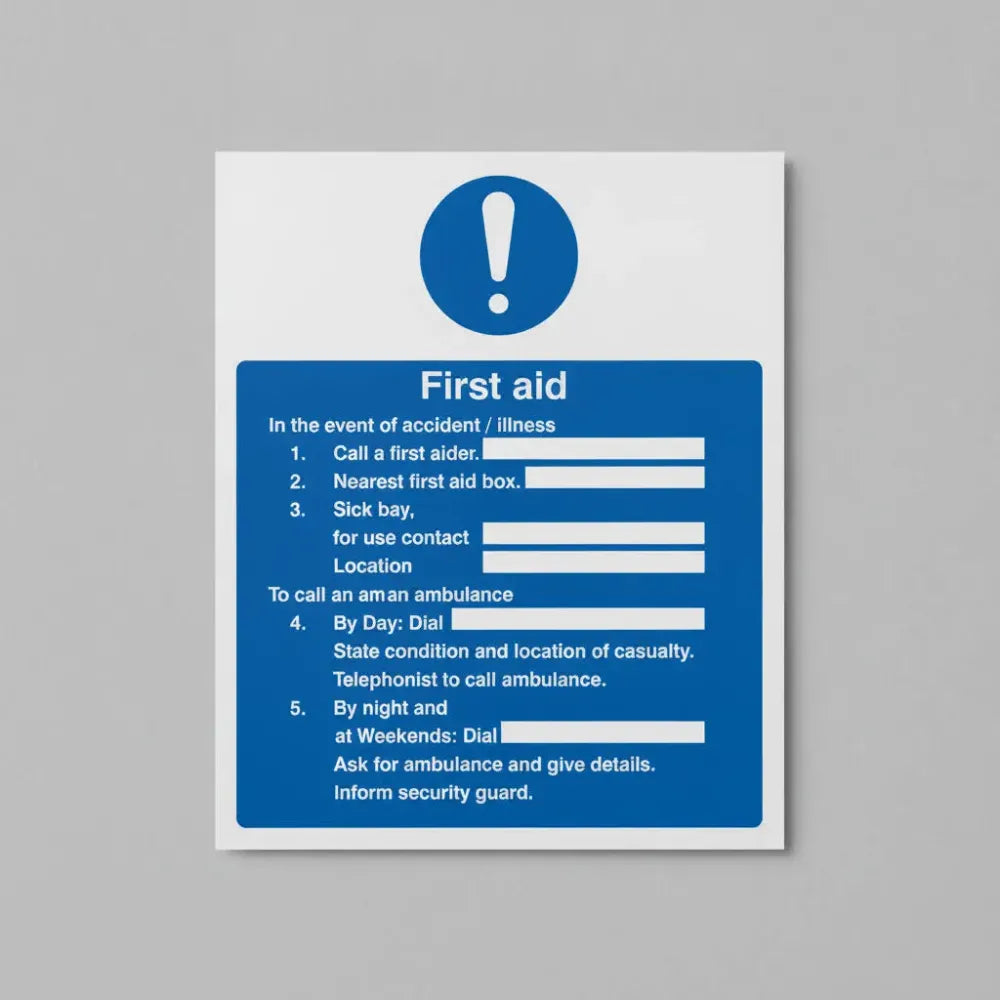 16020Y First aid in the event of accident / illness Rigid Plastic (200x300mm) Safety Sign